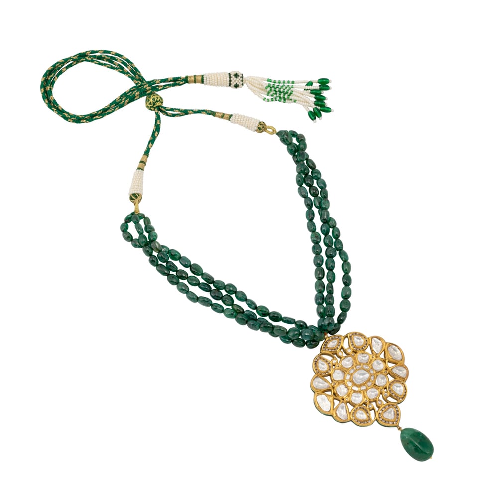 Three-Strand Zambian Emerald Necklace with Polki Pendant